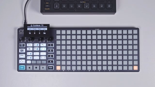 Die Optionen sind: Länge – setzt die Länge des Euclidean-Patterns, Pulse – die Anzahl der Pulse für das definierte Euclidean-Pattern…