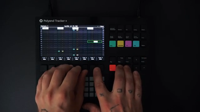 Selected tracks are highlighted in red and effects are punched in with four options for each effect on the pads underneath.